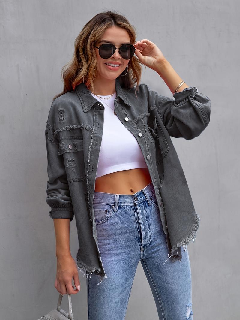 Product Introduction of 2025 New Denim Jacket Women's Solid Color Loose Jacket Ripped Long Sleeve Women's Denim Shirt Hot Selling 6