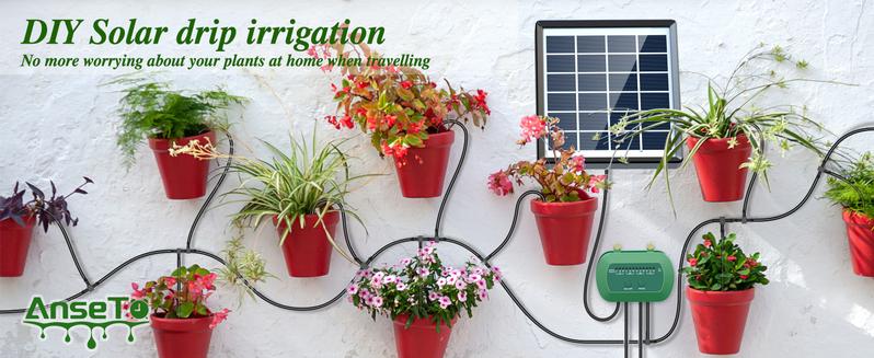AnseTo Solar Irrigation System,Solar Drip Irrigation Kit with 15 Drippers,Solar Watering System DIY Automatic Watering System for Garden,Plant,Greenhouse,Terrace,Eco-Friendly and Energy-Saving