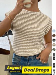 Women's Striped Print Crewneck Tee, Casual Slim-fitting Cap Sleeve Round Neck T-shirt, Ladies Summer Clothes for Daily Wear, Top, Womenswear