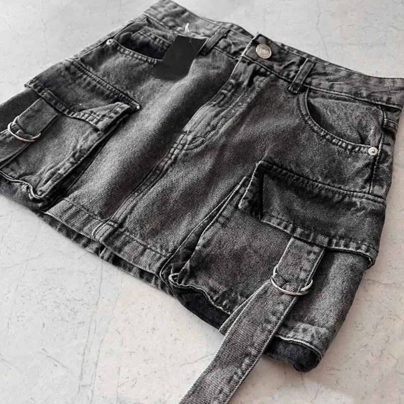 Harajuku Multiple Pockets Denim Plaid Skirt Vintage Goth Black Y2k Mini Skir Fashion Womens Casual Versatile Sexy Streetwear 4