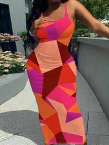 【Plus Size】 Colorblock All Over Print Cami Dress, Casual Sleeveless Bodycon Dress for Spring & Fall, Women's Clothes for Daily Wear