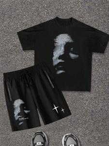 Men's Regular Fit Star & Letter Print Short Sleeve Tee & Drawstring Waist Shorts Two-Piece Set, Crew Neck T-Shirt & Track Shorts, Casual Top & Bottoms for Summer Outdoor