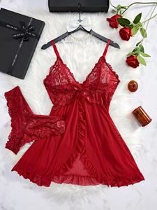 Women's Contrast Lace Ruffle Trim Wrap Cami Nightdress & Bow Front Panty Set, Adjustable Spaghetti Strap Backless Nightgown & Knicker Set, Ladies Nightwear