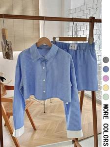 Women's Striped Print Button Front Shirt & Shorts Two-Piece Set, Casual Long Sleeve Collared Top & Shorts for Spring & Fall, Ladies Clothes for Daily Wear, Striped Print Bottoms