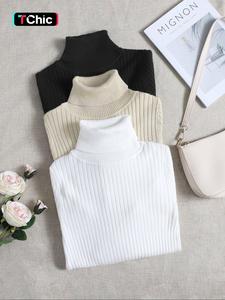Women's Solid Turtle Neck Sweater, Chic Casual Long Sleeve Sweaters for Fall & Winter, Women's Knitwear for Daily Wear