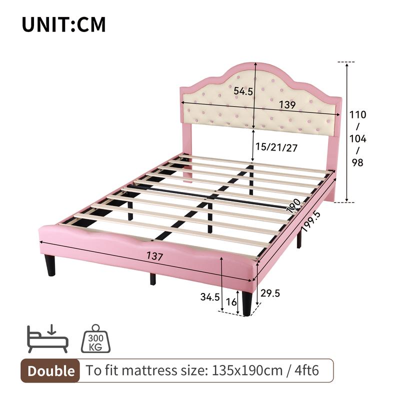3ft/4ft6 Double Upholstered Bed Frame with Adjustable Chic Button-Tufted Headboard, PU Faux Leather Bed Frame with Solid Wood Slat, No Box Spring Needed, Easy Assembly, Pink+Beige (No Mattress) 7