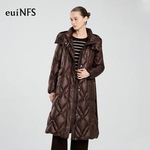 【euiNFS】Women’s Long Quilted Puffer Coat with Belt — Elevated Winter Essential, Deep Brown Hooded Down-Style Overcoat【E473085】