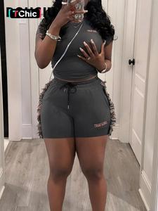 DOUCIU Summer Street Sports Casual Sexy Hot Cool Hip-Hop Women'S Letter Printing T-Shirt Tassels Shorts Two-Piece Set