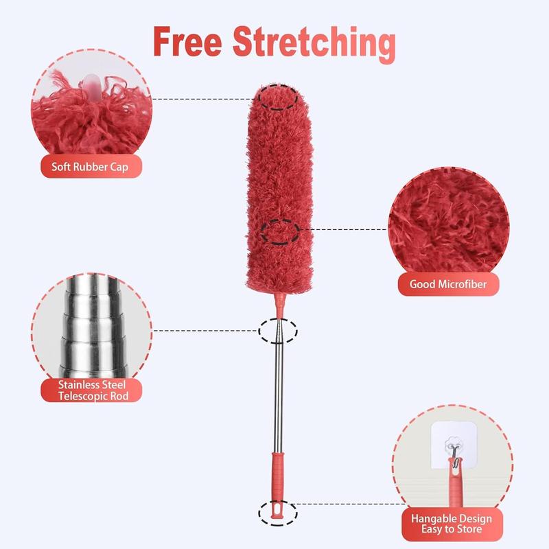 Extendable Feather Duster, Microfiber Duster with Extra Long 100 inches Telescopic Pole and Bendable Head, Hand Duster for Cleaning High Ceiling Fans, Cars, Blinds, Cobweb (Red) 1