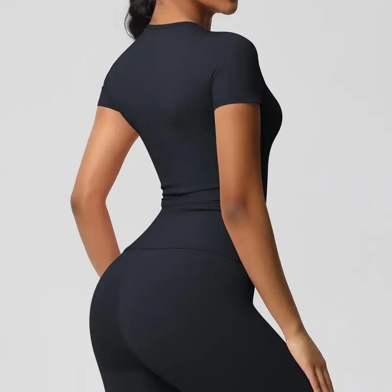 【GETMOD】Women's solid color sportswear suit, sports round collar T-shirt and high-waist fitness leggings #8455/6 4
