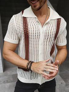 Men's Colorblock Hollow Out Sheer Knit Cardigan, Regular Fit Casual Button Front Collared Knitwear for All Seasons, Fashion Men's Knit Clothing for Daily Wear