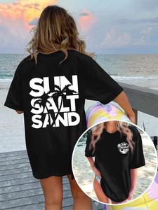 Women's Sun Salt Sand Letter Print Round Neck Tee, Casual Short Sleeve Crew Neck T-shirt for Summer, Fashion Women's Top for Beach Vacation, Womenswear