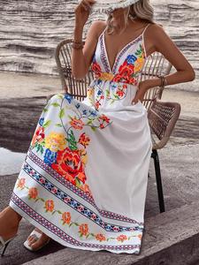 Women's Floral Print Print Cami Dress, Boho Sleeveless Spaghetti Strap Dress for Beach Holiday Vacation, Ladies Summer Clothes