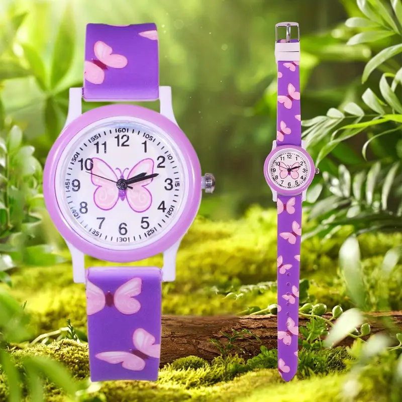 Chic White Butterfly Quartz Watch - Cute Pink Butterfly Design, Round Dial, PVC Strap, Non-Waterproof, Battery Operated, Resin Case, Perfect for Casual Wear 1