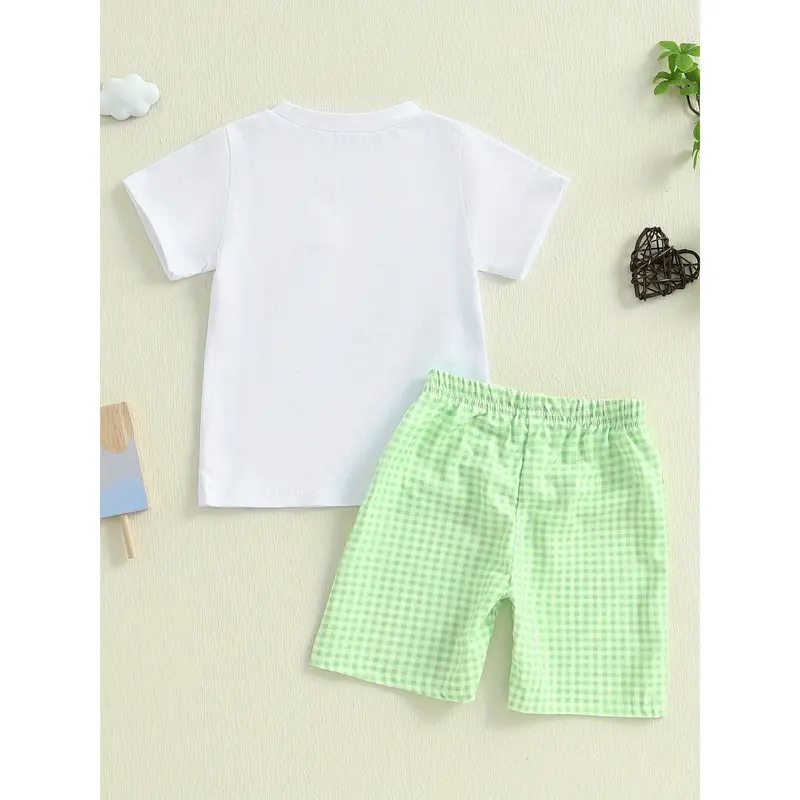 Boys Summer Shorts Sets Short Sleeve O Neck Chick/Golf Court/Cattle Head Embroidery Tops Plaid Shorts Sets 3
