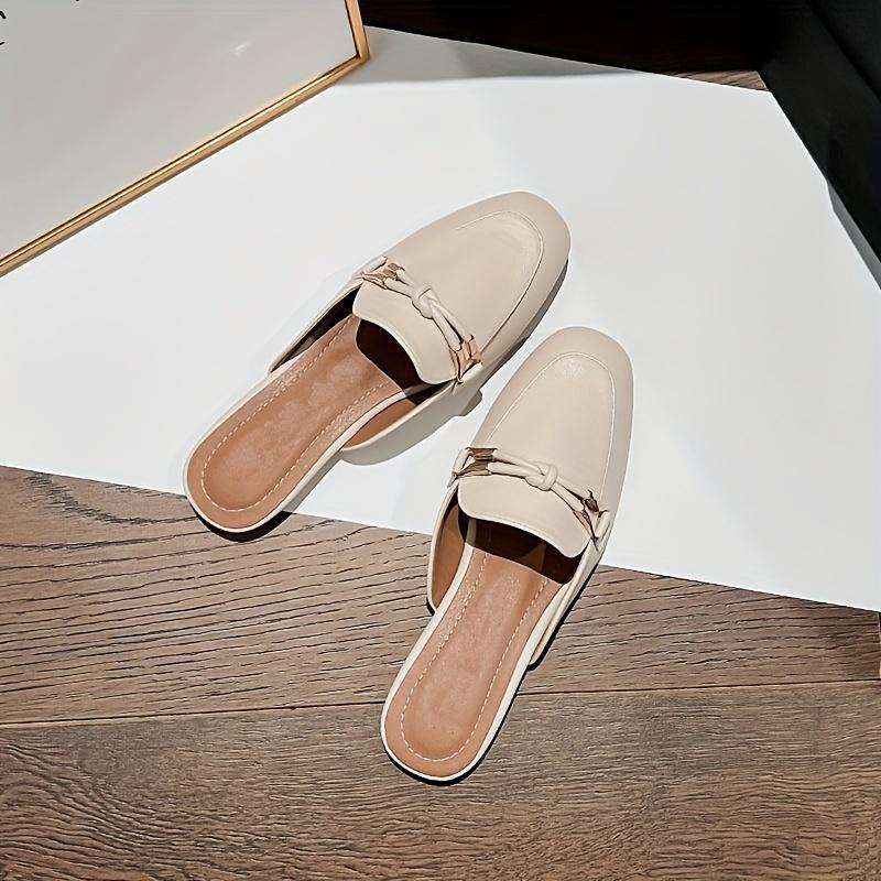 Elegant Beige Slip-On Mules for Women - Casual Square Toe Flat Sandals with Braided Detail, Breathable Faux Cover, Versatile All-Season Footwear 2