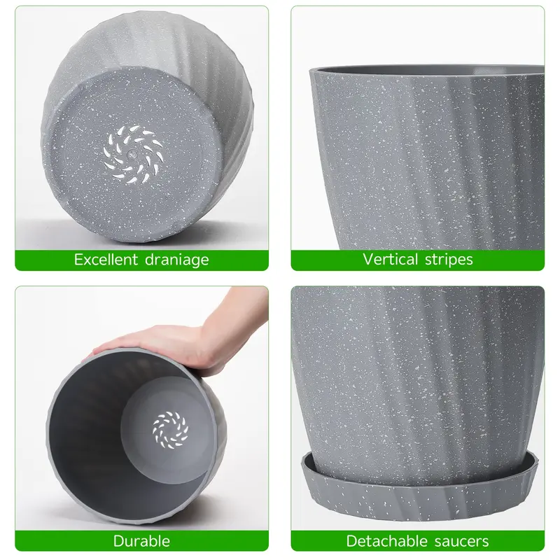 Plant Pots Indoor, 6Pack Plastic Plant Pots 19/17.5/16.5/15.5/14/11.5cm, Flower Pots Outdoor Self Watering Indoor Plant Pot with Drainage Holes and Tray, Plastic Planter for Garden House Plants(Grey) 5