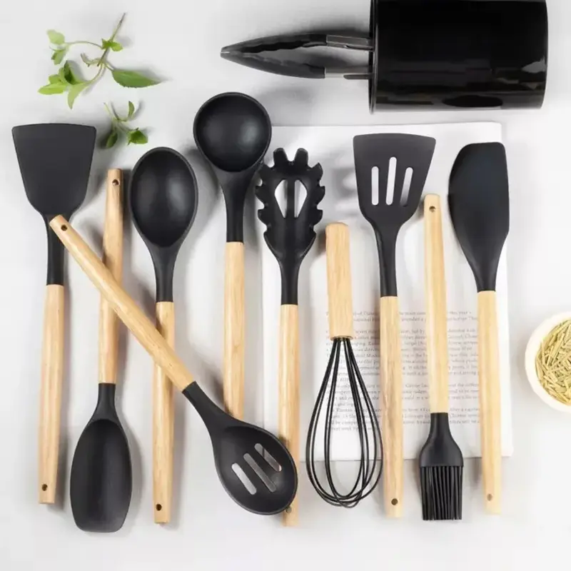 Kitchen Cooking Utensil Set, 12 Pcs Silicone Kitchen Cooking Utensil Set with Utensil Holder, Heat Resistant Non Stick Cooking Tool, Summer for Gift, Wooden, Handles 0