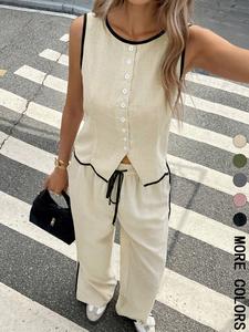 Women's Contrast Binding Tank & Drawstring Waist Pants Two-Piece Set, Casual Fashion Cozy Two Piece Outfits for Daily Outdoor Wear, Ladies Clothes for Summer