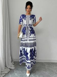 Women's Leaf Print Belted Wrap Dress, Casual Puff Sleeve Dress for Spring & Fall, Women's Clothing for Daily Wear, Womenswear