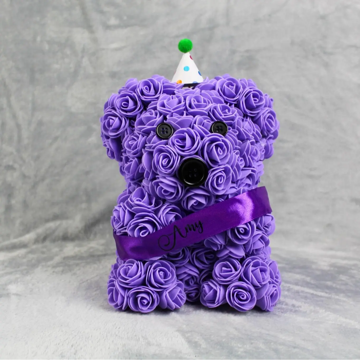 Personalised Party Hat Flower Bear Custom Name Rose Bear Teddy Artificial Rose Birthday Christmas Mother's Day Gift for Her Gift For Him Nan Friend Daughter Son Wedding Funeral Memorial Colourful Flowers Personalized