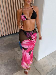 Three-Piece Set Women's Floral Print Bikini Set, Casual Halter Neck Swim Bra & Swim Panty & Cover Up Skirt Set, Ladies Swimsuit for Beach Holiday Vacation