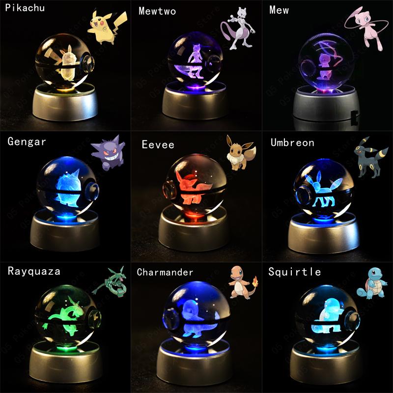 Pokemon 3D Crystal Ball Pikachu Gengar Mew Mewtwo Figurines Lamp Base Pokeball 3D Pokemon Glass Ball Statue Kids Birthday Gift 2