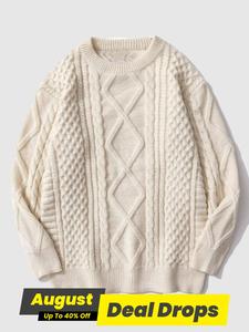 Unisex Men's Textured Drop Shoulder Round Neck Sweater, Casual Vintage Loose Longsleeves Crewneck Jumper for Fall & Winter, Men's Knitwear for Daily Wear, Menswear, Tops