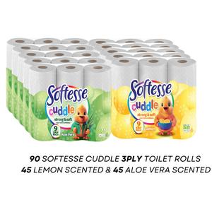 SOFTESSE Cuddle 90 Toilet Rolls, Lemon & Aloe Vera Scented, 3 Ply, 45 GREEN & 45 Yellow, 10x9pk - Sheets, Lightweight Tissue - Wall, Towel Wipes Napkin - Panda Cuddle