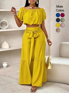 Women's Solid Color Top & Wide Leg Pants Set, Casual Off Shoulder Top & Palazzo Pants for Summer, Ladies Clothes for Beach Holiday Vacation, Womenswear