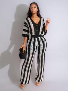 Women's Striped Print Button Front Tops& Wide Leg Pants Sweater Set, Casual Long Sleeve Top & Pants Two-piece Set for Summer, Fashion Women's Two-piece Outfits for Daily Wear