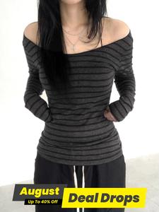 Women's Striped Print Off Shoulder Slim Tee, Chic Casual Long Sleeve T-shirt for Daily Wear, Ladies Clothes for All Seasons, Elegant Classy Tops, Tops for Women, Go Out Tops, Womenswear, Longsleeves Dark Gray Top, Casual Everyday Wear