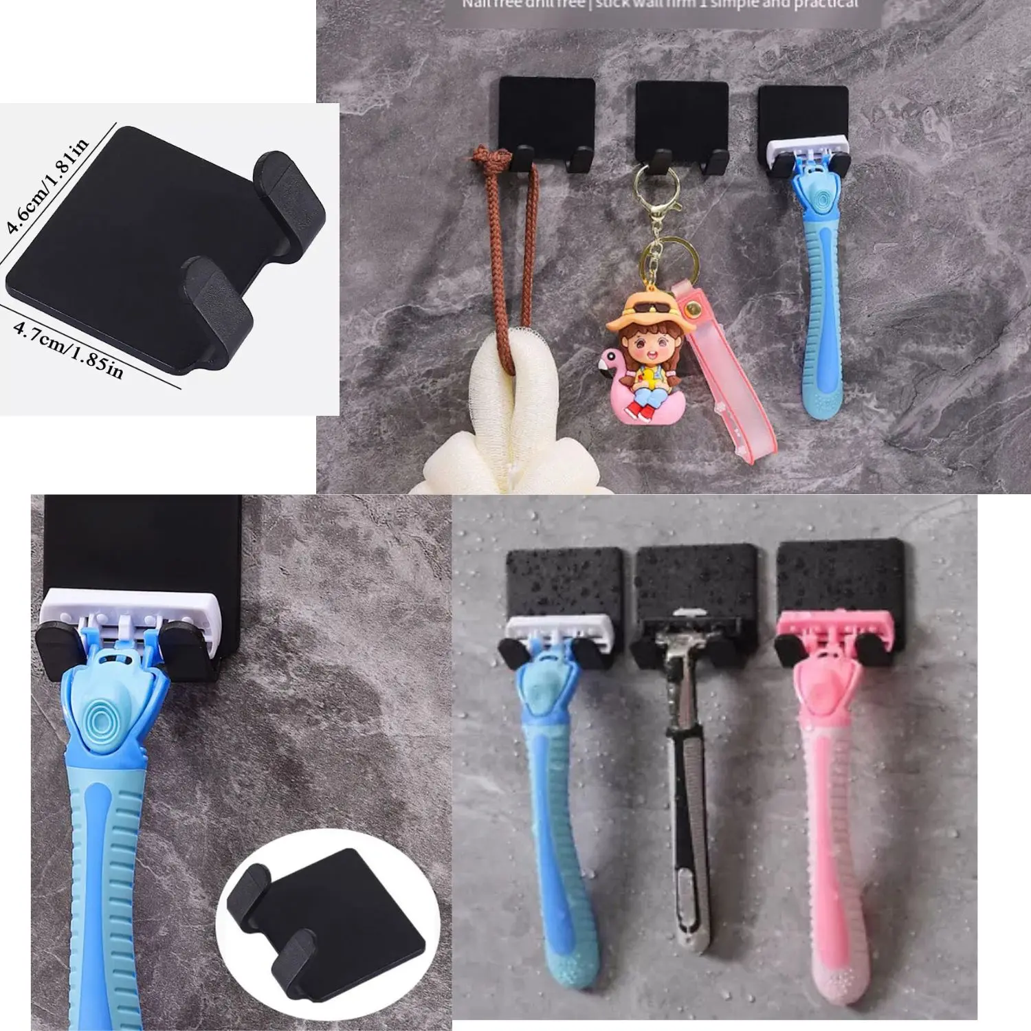 2 Pcs Adhesive Wall Mounted Black Plastic Holder Men's Shaver Razor Stand Rack Organiser