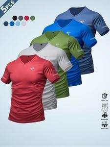 Men's Reflective Stripe V Neck Sports Tee Activewear, Breathable Quick Drying T-shirt for Gym Workout Running Cycling Fishing, Casual Sporty Top for Men