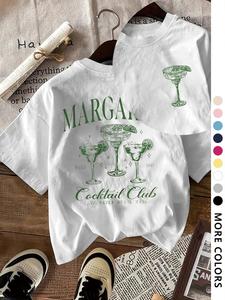 Women's Green Cocktail Drink Print Round Neck Tee, Casual Fashion Short Sleeve T-shirt for Daily Wear, Ladies Summer Clothes, Teen Girls Top, Clothing, Apparel, Clothes for Women, Womenswear