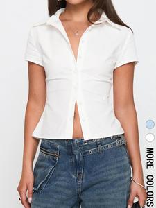 Women's Button Collared Shirt, Casual Slim-fitting Short Sleeve Top, Ladies Clothes for Daily Wear, Womenswear, Button Up Blouse