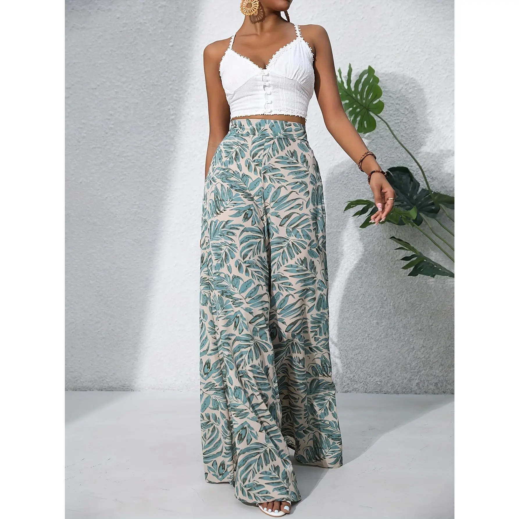 Boho Plants Print Pants, Casual High Waist Elastic Wide Leg Summer Beach Palazzo Pants, Women's Clothing