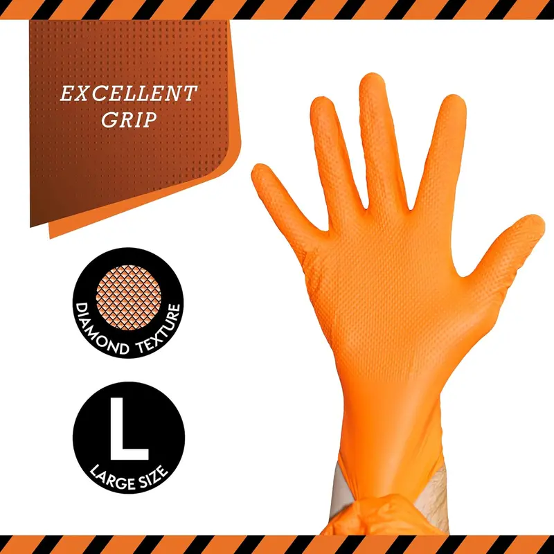 Medical Disposable Heavy Duty Mechanic Powder Free Latex Free Orange Diamond Grip Nitrile Gloves - Box of 50 (Large) 3