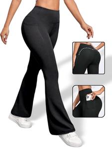 Women's Plain High Waist Flare Leg Sports Pants, Casual Sporty Comfy Pocket Design Bell Bottom Trousers for Yoga Gym Workout Running, Airport Outfit, Ladies Sportswear Lounge Outfit for All Seasons