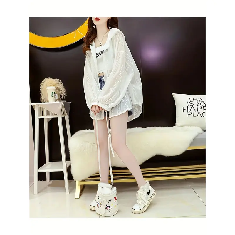 Women's Lightweight Lace Hooded UV Protection Cardigan - Summer Fashion, Breathable Polyester Blend, Sheer White with Floral Patterns 2
