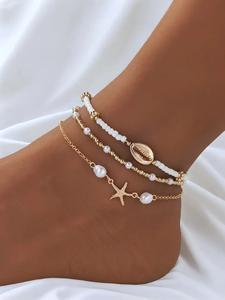 Women's Boho Style Starfish & Shell Decor Anklet, Fashionable Beaded Anklet for Beach Party Vacation, Elegant All-match Fashion Accessories for Daily Wear