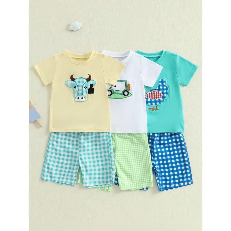 Boys Summer Shorts Sets Short Sleeve O Neck Chick/Golf Court/Cattle Head Embroidery Tops Plaid Shorts Sets 1