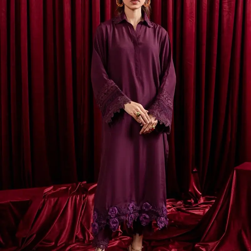 Peach Republic - 3 Piece Dull Raw Silk Dress with Cutwork, Lace and Organza Dupatta in Deep Plum Womenswear 6