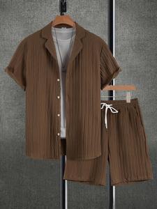 Two-piece Set Men's Solid Button Front Shirt & Shorts Set without Inner Top, Regular Fit Casual Short Sleeve Top & Drawstring Waist Shorts, Two-piece Set for Men, Menswear