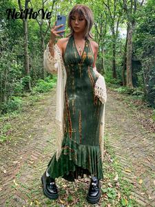 Women's Galentine Day Tie Dye Print Ruffle Hem Tie Back Halter Bodycon Dress, Summer Clothes Women Comfort Sleeveless Womenswear, Minimalist Basic Lady Casual Wear, Punk Fashion V Neck Long Dress for Outdoor, Women Dress for Summer, Summer Dresses