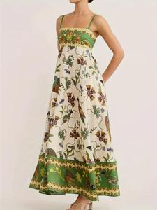 Women's All Over Landscape Print Shirred Cami Dress, Casual Palm Tree & Marine Life Graphic Sleeveless Spaghetti Strap Long Dress for Beach Holiday Vacation, Ladies Clothes for All Seasons