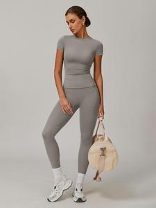 Women's Solid Color Top & High Waist Leggings Sports Set, Casual Comfy Breathable Two-piece for Yoga Gym Workout Running, Ladies Sportswear for All Seasons, Fitness Training Clothes