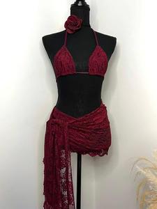 Women's Solid Color Floral Lace Halter Triangle Bikini Set, Casual Fashion Chic 3d Floral Decor Tie Back Backless Swim Top & Swim Bottom & Cover Up Skirt for Beach Holiday Vacation, Ladies Swimwear for All Seasons, Bathing Suits