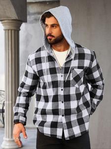 Men's Plaid Print Button Front Hooded Jacket, Casual Regular Fit Long Sleeve Drawstring Pocket Outerwear for Daily Wear, Men's Clothes for All Seasons