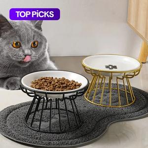 Raised Bowl for Cats, 1 Set Fishbone & Cat Paw Pattern Pet Ceramic Bowl with Iron Stand, Pet Feeding Supplies, Dog & Cat Accessories, Pet Accessories